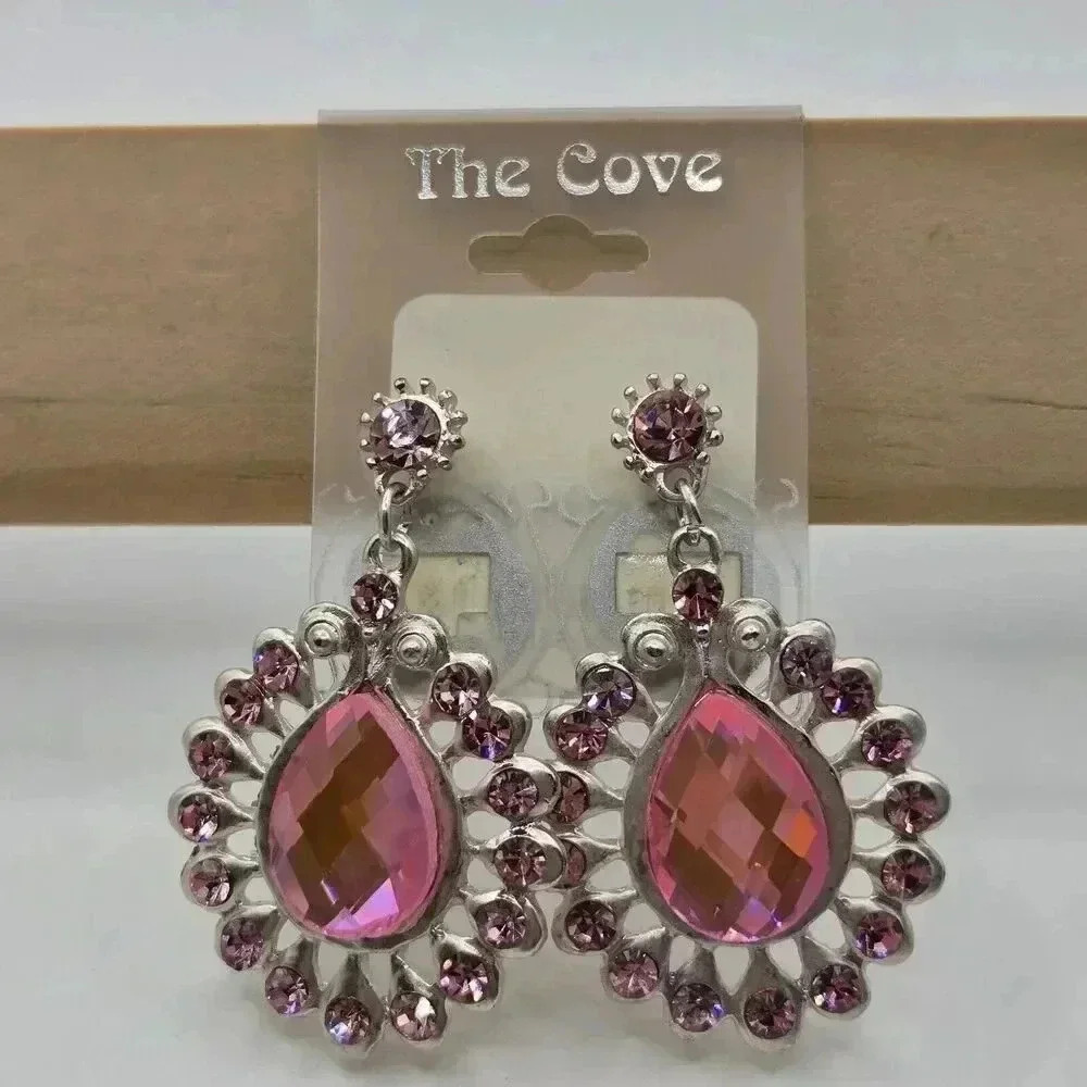 The Cove Pink Crystal Teardrop Earrings Dangle Drop Silver-Tone Statement 1.75"